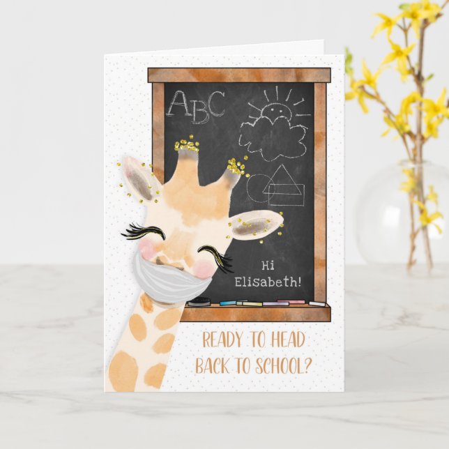 Carte Coronavirus Retour à l'école Giraffe avec masque (Fleur jaune)