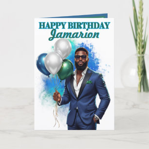 Carte Costume bleu marine suave Anniversaire Afro-Améric