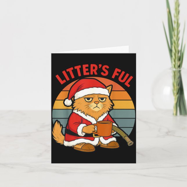 Carte Costume de Noël pour chat plein de litière fatigué (Devant)