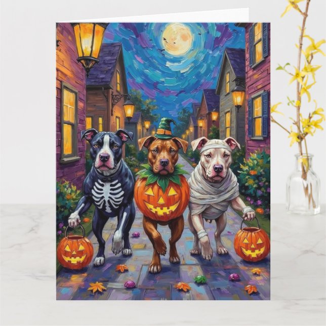 Carte Costumes d'Halloween Pitbull Dogs Trick or Treatin (Fleur jaune)
