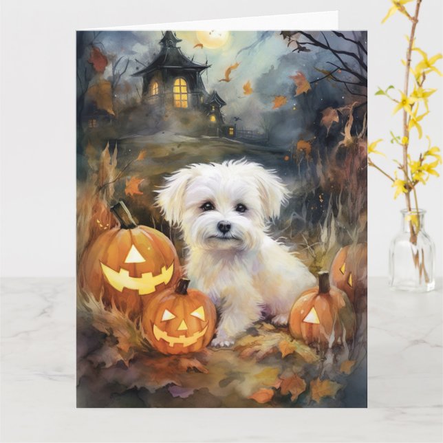 Carte Coton De Tulear Halloween Avec Peur Citrouille (Fleur jaune)