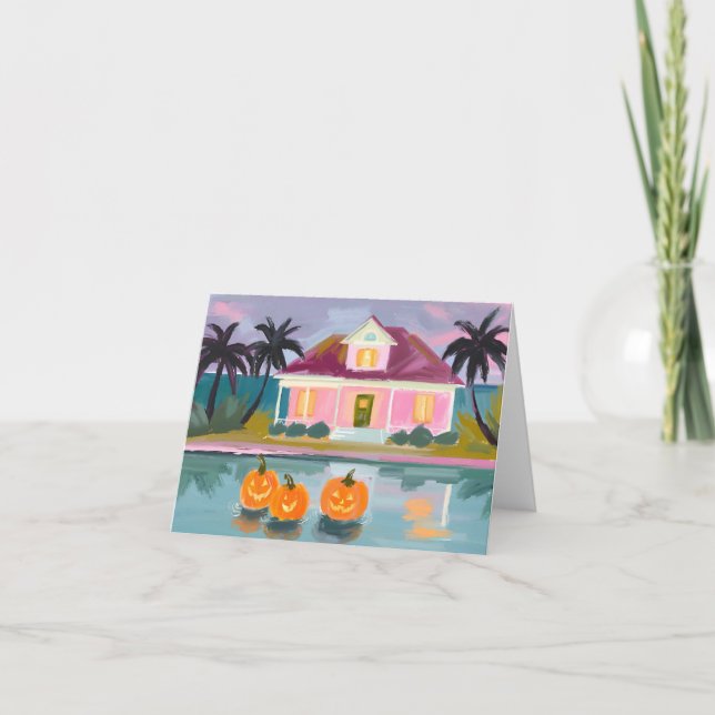 Carte Cottage de plage rose à Halloween (Devant)
