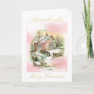 Carte Cottage d'hiver vintage Noël rose et or