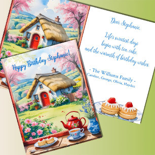Carte Cottage paisible Vue Fleurs Tea Cakes Anniversaire