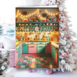 Carte Cottage rose rétro Kitsch cuisine Noël<br><div class="desc">Nous vous souhaitons un Noël à l'ancienne et un Joyeux Nouvel An. le texte intérieur de la carte peut être personnalisé, afin que vous puissiez ajouter votre nom si vous le souhaitez ou modifier le salut. Cuisine kitsch turquoise et rose vieilli avec décorations de vacances, couronnes de vacances et lumières...</div>