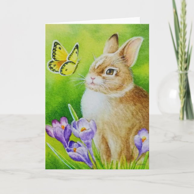 Carte Cottontail Rabbit Papillon Crocus Aquarelle Art (Devant)