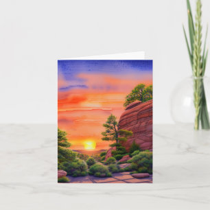 Carte Coucher de soleil aquarelle et roches rouges perso
