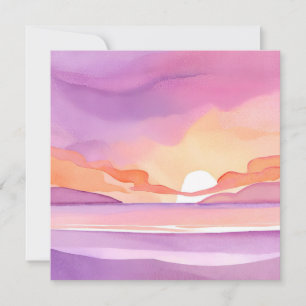 Carte Coucher de soleil aquarelle rose Beau ciel océan