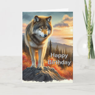 Carte Coucher de soleil avec Loup Mens Joyeux Anniversai