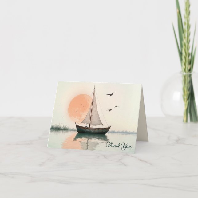 Carte Coucher de soleil de bateau à voile avec mouettes  (Devant)