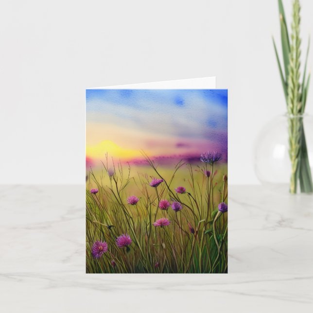 Carte Coucher de soleil fleur sauvage rose aquarelle per (Devant)