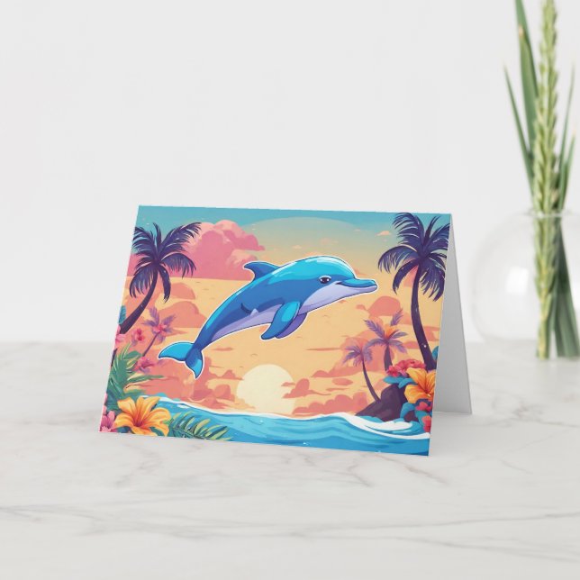 Carte Coucher de soleil sur une île tropicale et dauphin (Devant)