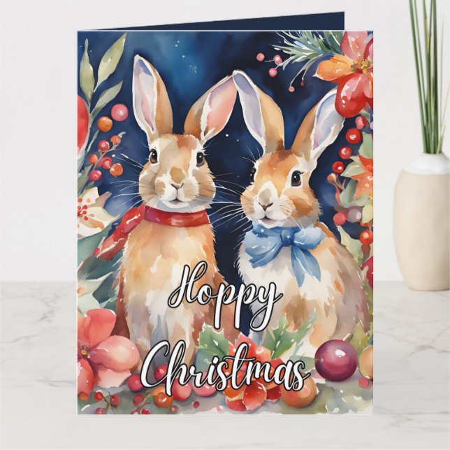 Carte Couleur d'eau personnalisée Lapin lapin de Noël (Devant)