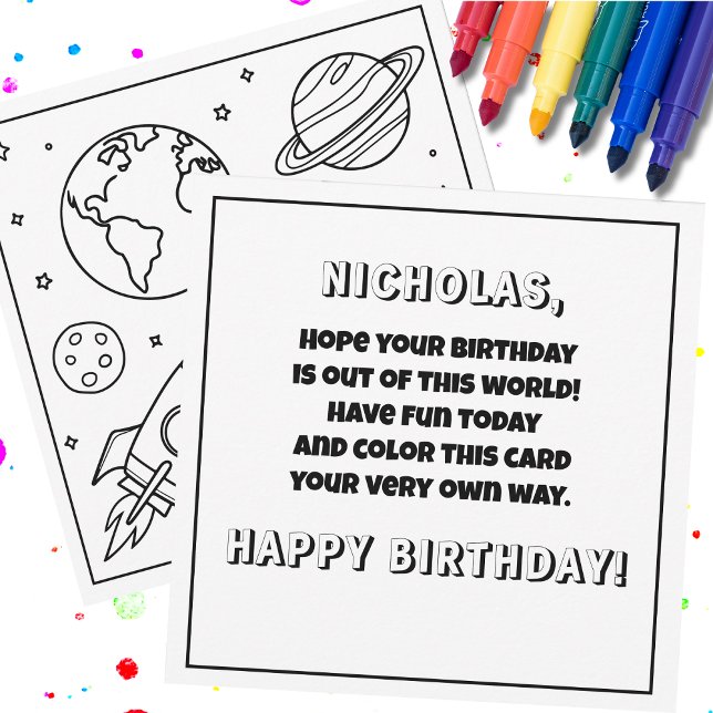 Carte Couleur ! Space Rocket Nom personnalisé Anniversai (Any child will have fun coloring their very own personalized birthday card!)