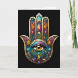 Carte Couleurs de paon Hamsa avec troisième œil doré