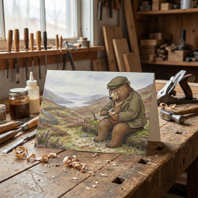 Carte Countryside Carving Bear Traditional Father's Day (A Father's Day Card of a brown bear illustration in the Countryside whittling a wooden bird.)