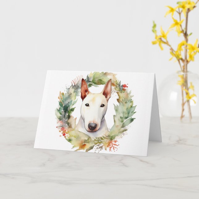 Carte Coupe de fête de la couronne de Noël Bull Terrier (Fleur jaune)
