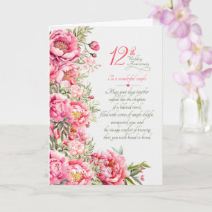 Carte Couple 12e Anniversaire de Mariage Pivoines Roses 