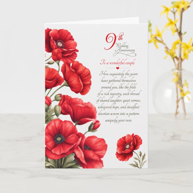 Carte Couple 9e Anniversaire Sentimental Coquelicots Rou (Fleur jaune)