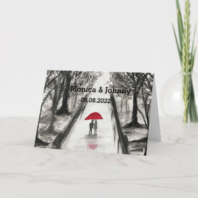 Carte Couple amoureux parapluie rouge Mariage enterremen (Devant)