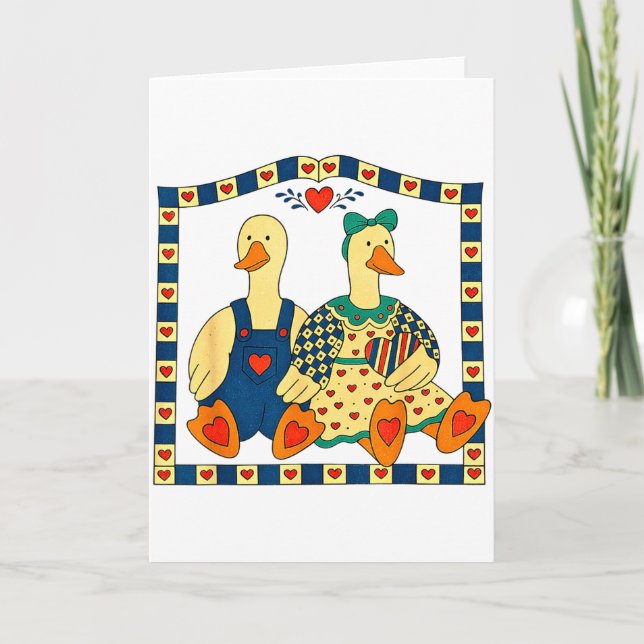 Carte Couple de canards d'art folklorique avec des cœurs (Devant)
