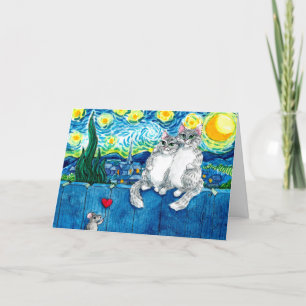 Carte Couple de Chats Mignons Van Gogh Nuit Étoilé