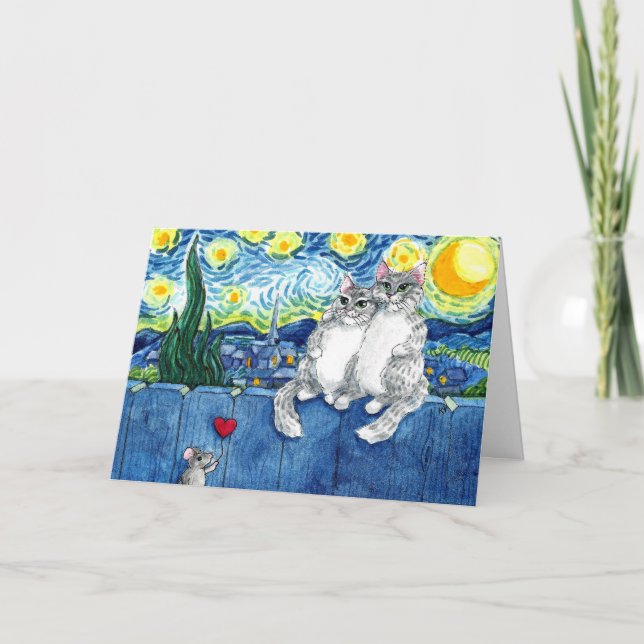 Carte Couple de Chats Mignons Van Gogh Nuit Étoilé (Devant)
