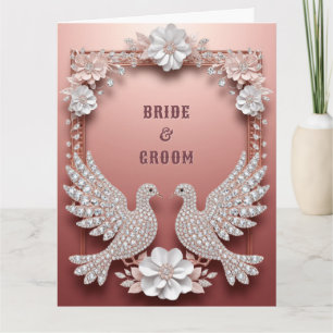 Carte Couple de colombes de mariage en or rose diamanté