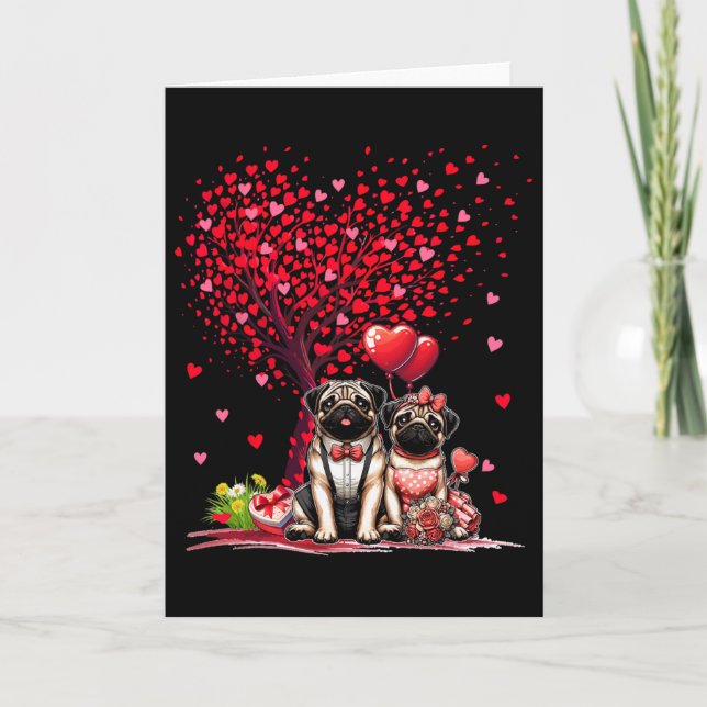 Carte Couple de Pug Cotume arbre de la Saint-Valentin Cœ (Devant)