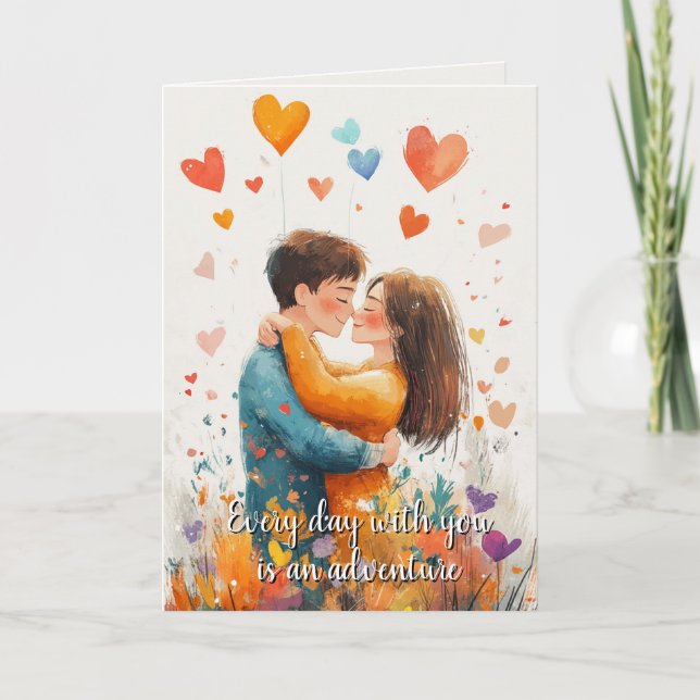 Carte Couple et Coeurs Valentines Jour Beige (Devant)