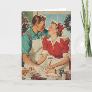 Carte Couple Noël Rétro Cuisinant l'Amour