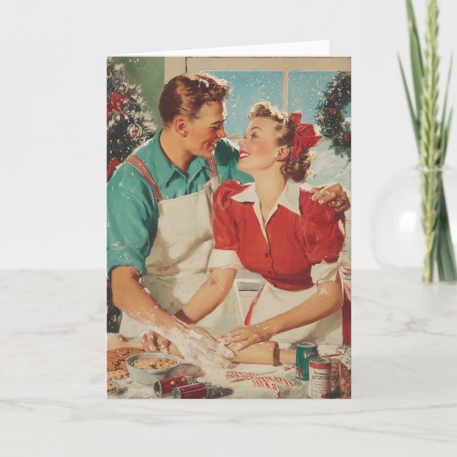 Carte Couple Noël Rétro Cuisinant l'Amour (Devant)