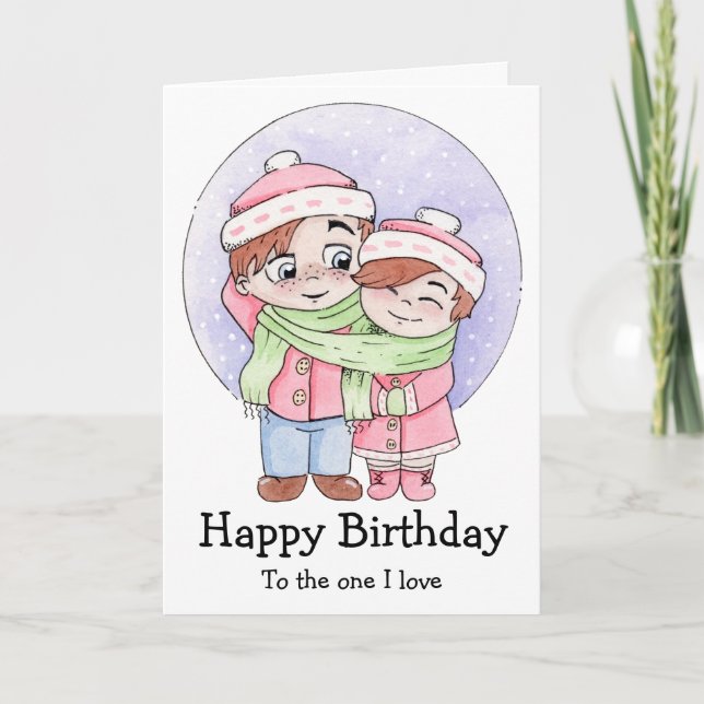Carte Couple partageant une écharpe d'anniversaire (Devant)