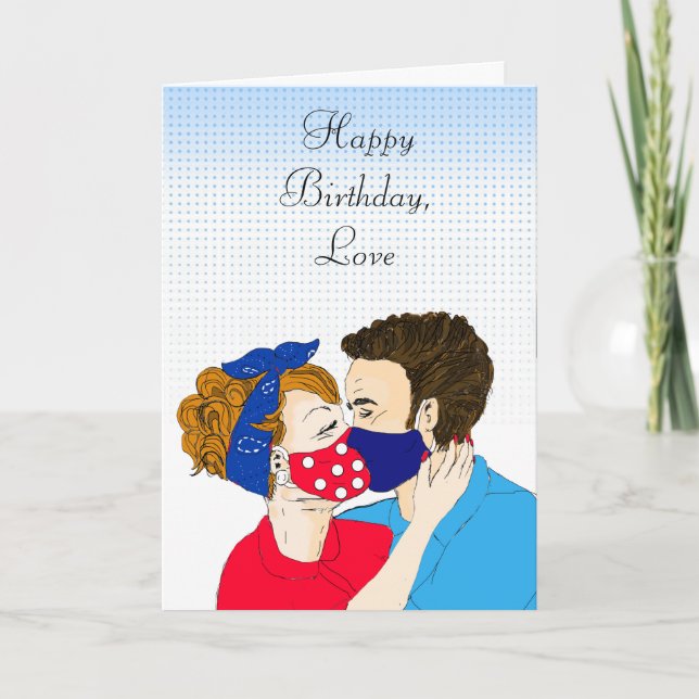Carte Couple rétro baiser avec des facémasques à l'anniv (Devant)