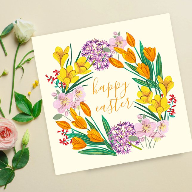 Carte Couronne de fleurs printanières Joyeuses Pâques Ar (Spring Wildflower Wreath Happy Easter Floral ArtCard)
