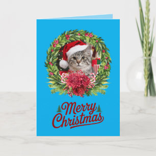 Carte Couronne de Noël avec un chat mignon