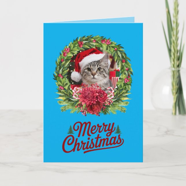 Carte Couronne de Noël avec un chat mignon (Devant)