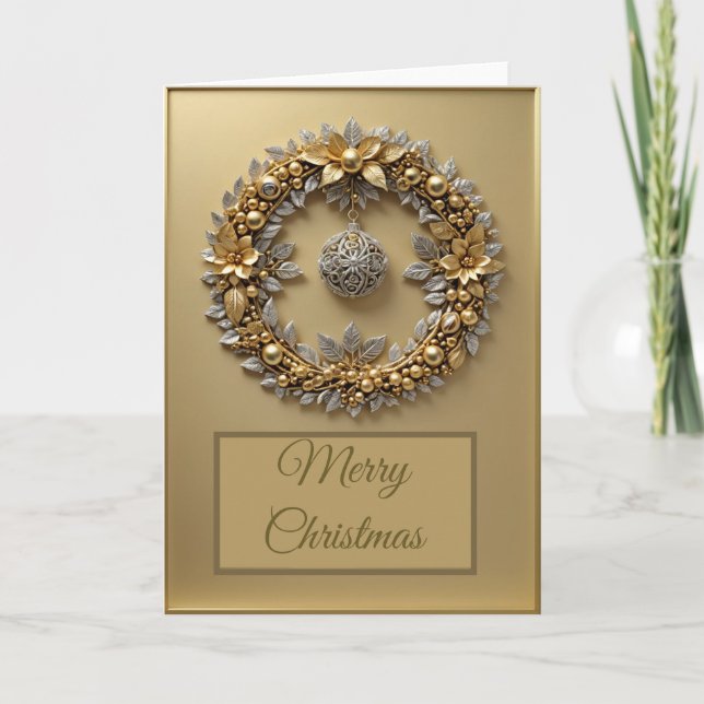 Carte Couronne de Noël dorée 5" x 7" Salutation pliée (Devant)
