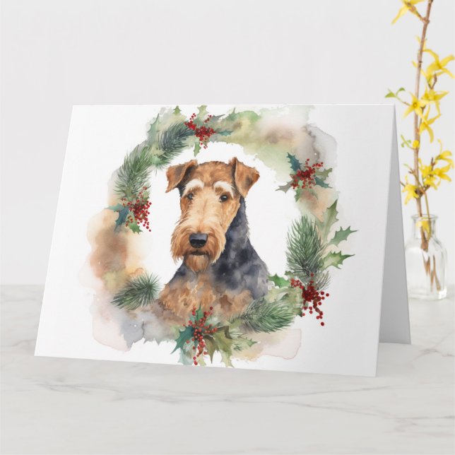 Carte Couronne de Noël festive Airedale Pup (Fleur jaune)
