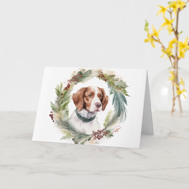 Carte Couronne de Noël festive Brittany Spaniel Chien fe (Fleur jaune)