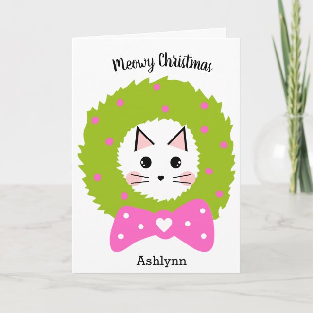 Carte Couronne de Noël Rose Verte Chat (Devant)
