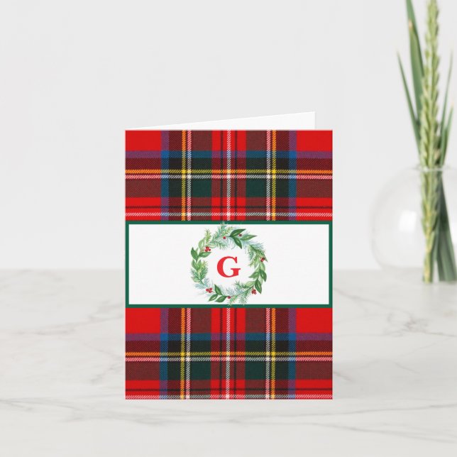 Carte Couronne de Noël Royal Stewart Plaid MONOGRAMME  (Devant)