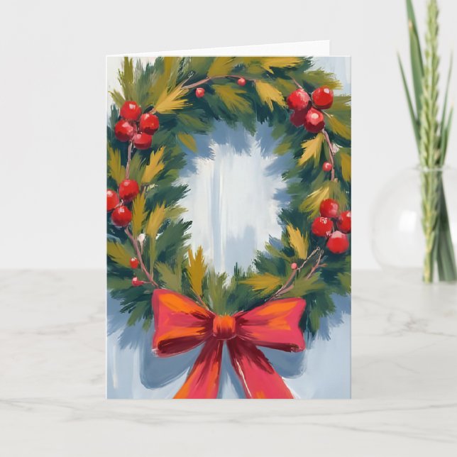 Carte Couronne de Noël Ruban Rouge Fêtes (Devant)