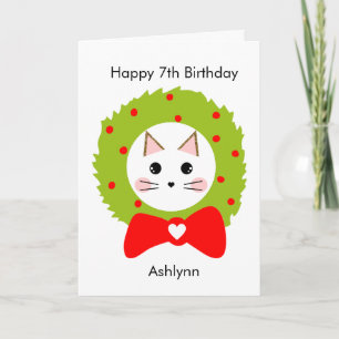 Carte Couronne de Noël Ruban Rouge Vert Chat Anniversair