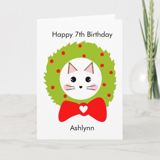 Carte Couronne de Noël Ruban Rouge Vert Chat Anniversair (Devant)