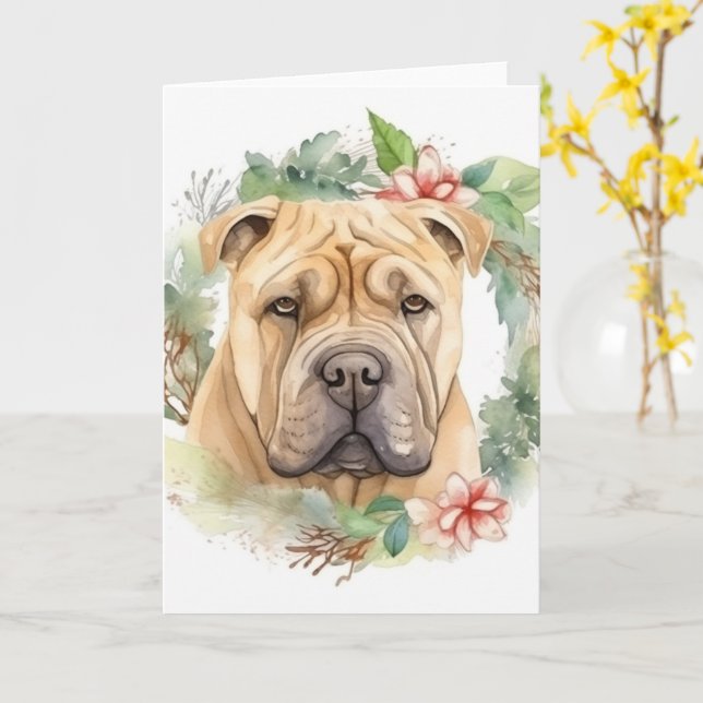 Carte Couronne de Noël Shar Pei Chien de fête (Fleur jaune)