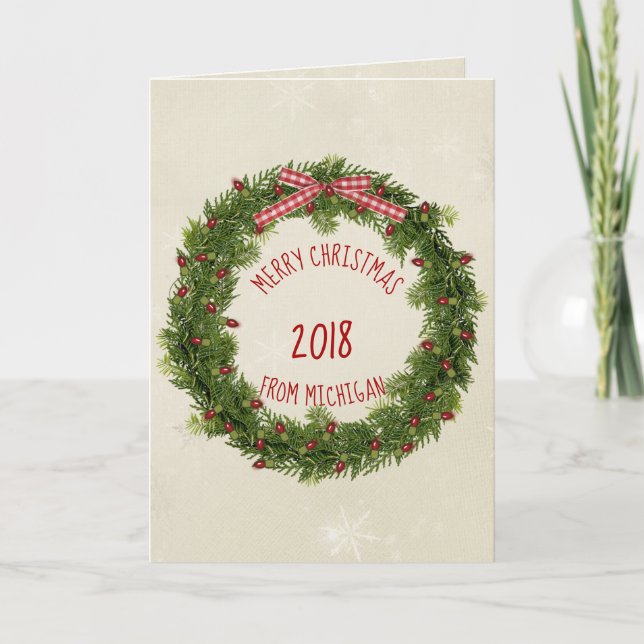 Carte Couronne de pin de Noël aux lumières rouges (Devant)