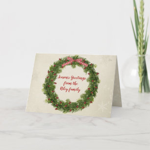 Carte Couronne de pin de Noël avec lumières rouges et ar