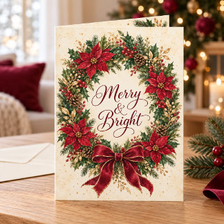 Carte Couronne de poinsettias rouges Merry & Bright