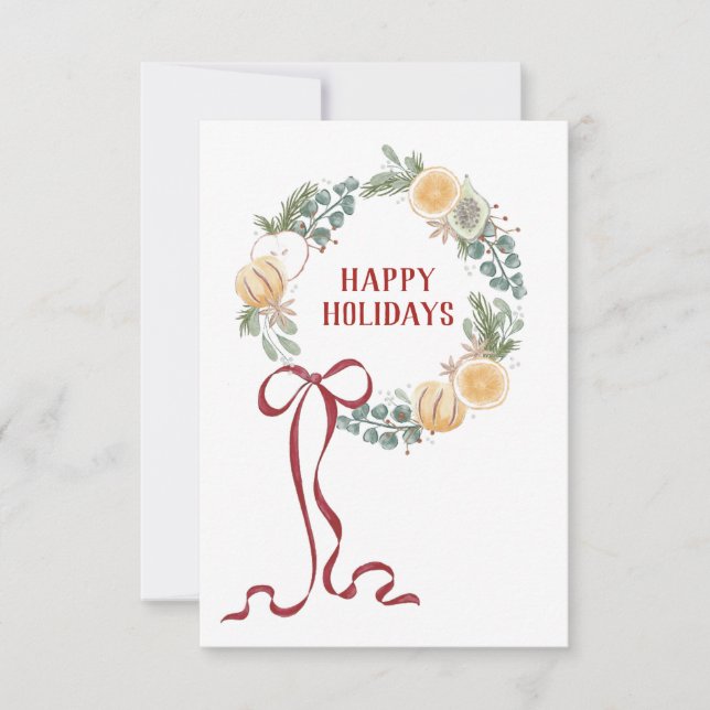 Carte Couronne saisonnière illustrée Joyeuses Fêtes (Devant)